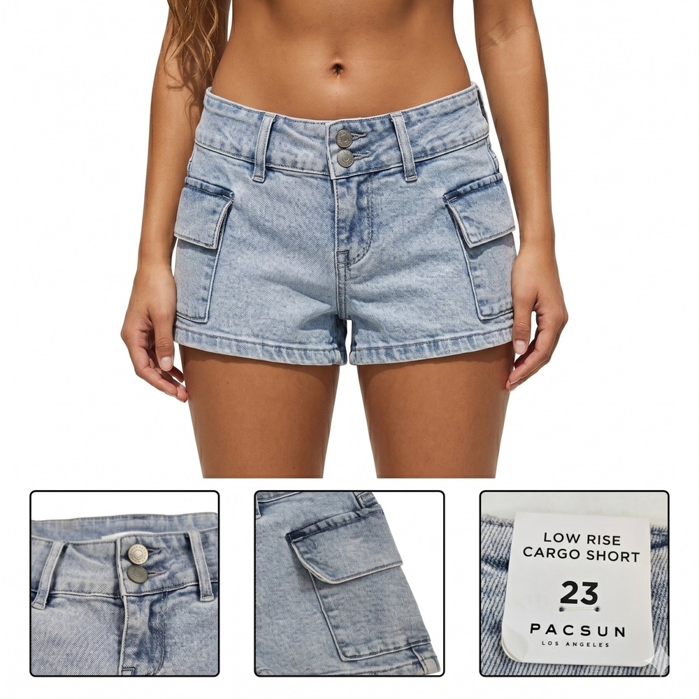 PacSun Low Rise Cargo Shorts Size 23 Denim Blue Y2K Style Utility Pockets